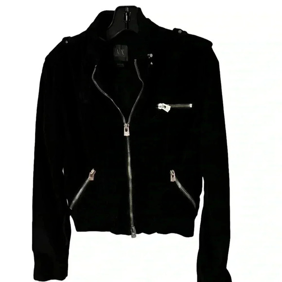 Armani Exchange velvet Black Moto zipped women's jacket pockets, size M - Picture 1 of 9